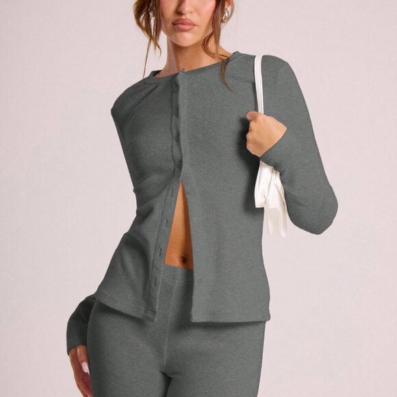 Dark Grey Casual Women's Ribbed Button Through Long Sleeve Crew Neck Top - Picture 5 of 5